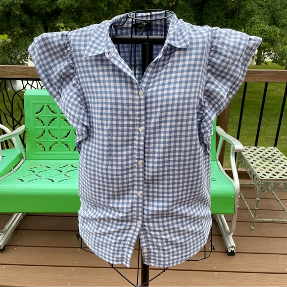 Jessica Simpson Blue & White Check Button Up Blouse Shirt Short Sleeve Small - Picture 1 of 8